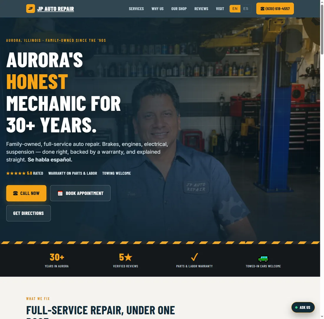 The JP Auto Repair website as it looks live today: hero photo of the Aurora shop with English and Spanish navigation and an online booking button