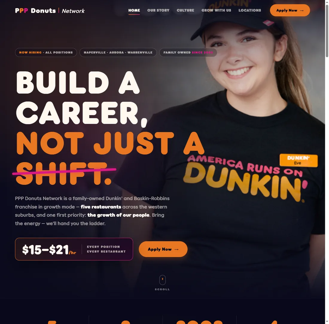 The PPP Donuts Network careers website as it looks live today: warm hero section inviting applicants to build a career, with an apply-now button